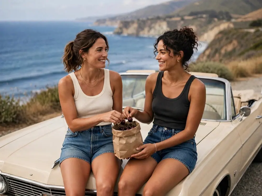 Two friends share cherries on the hood of a vintage convertible above the Highway 1 coast