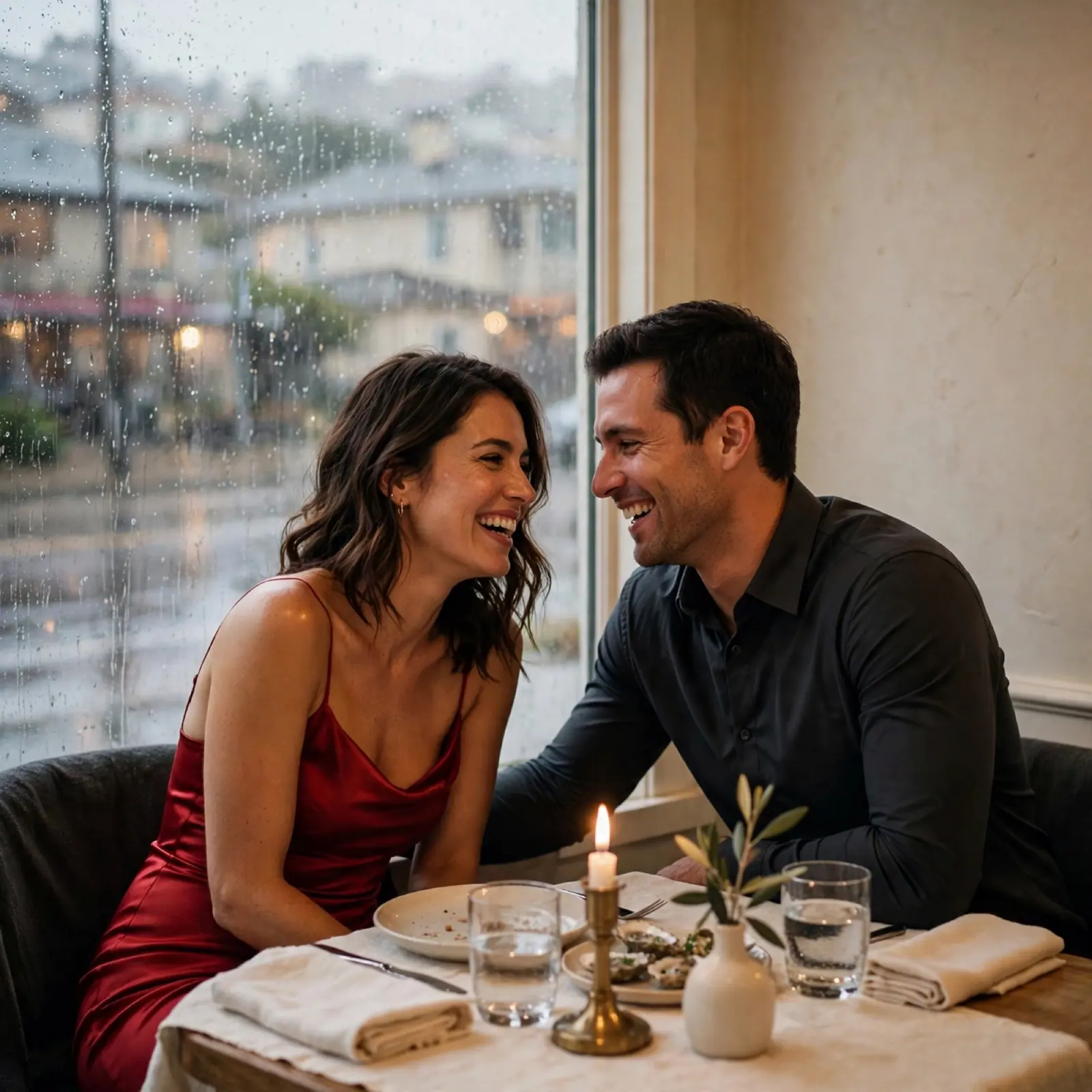 A couple laughs over a candlelit dinner by a rainy window, she in a red slip dress