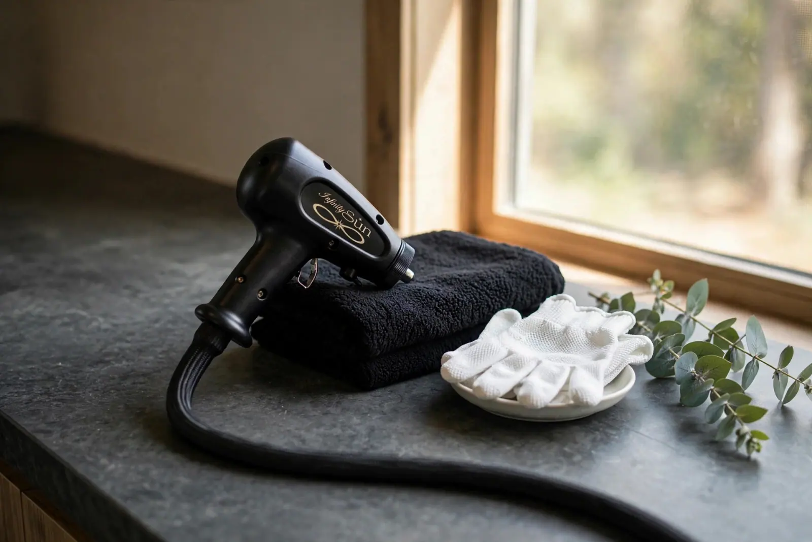 An Infinity Sun spray gun at rest on folded black towels by a window, beside exfoliating gloves and a sprig of eucalyptus