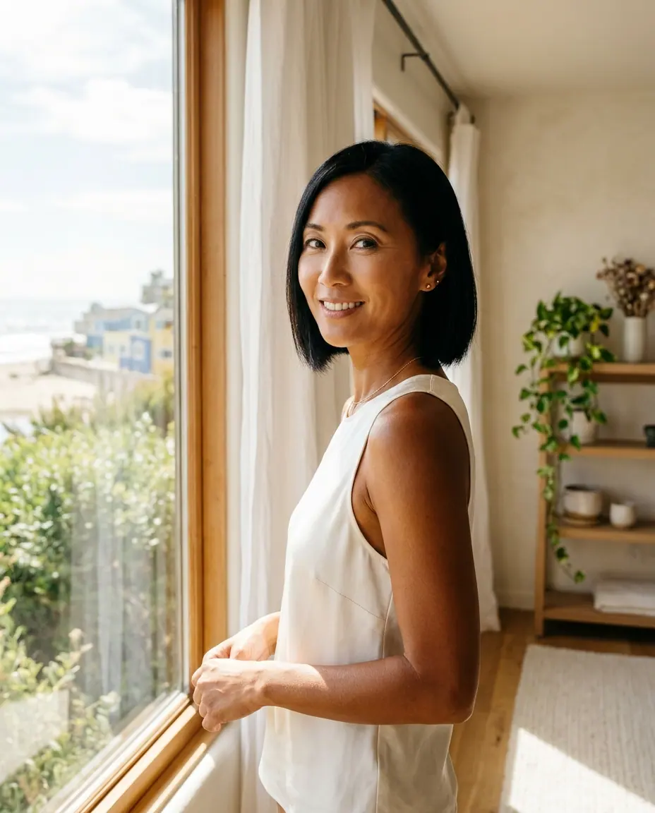 A woman with a sleek dark bob smiles by a sunny window over the sea, in a linen tank