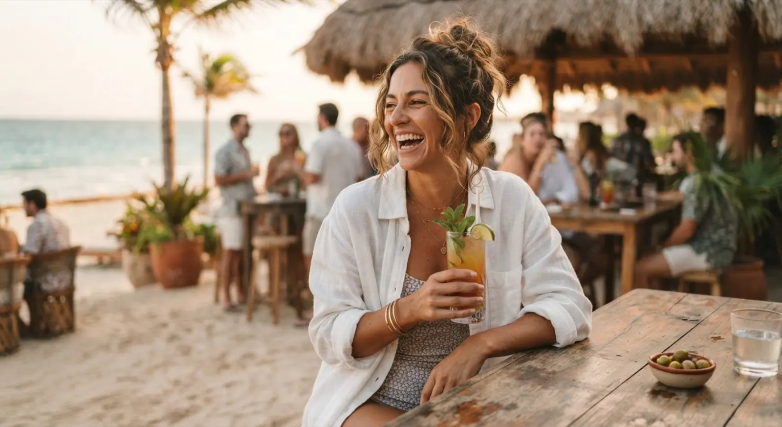 A woman in a white linen shirt laughs with a drink at a beach bar at sunset