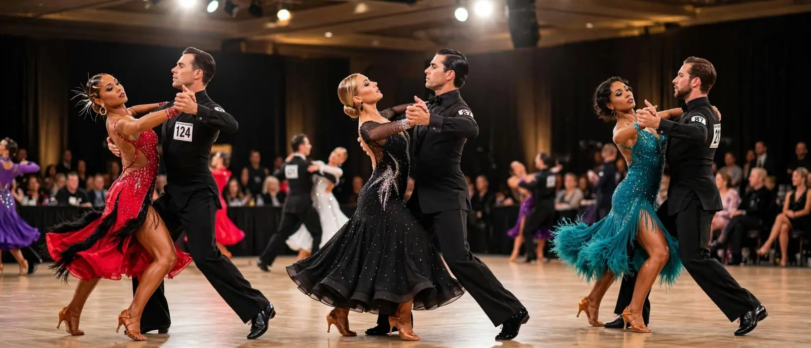 Ballroom couples in sequined gowns and tailcoats mid-turn on a competition floor
