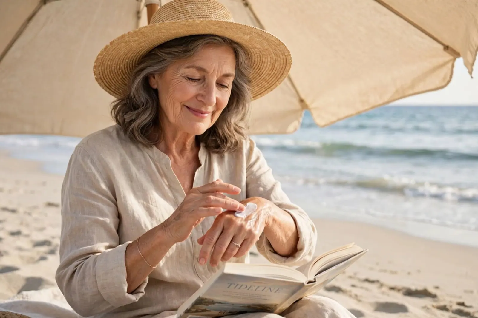 A silver-haired woman in a straw hat smooths sunscreen onto her hand under a beach umbrella