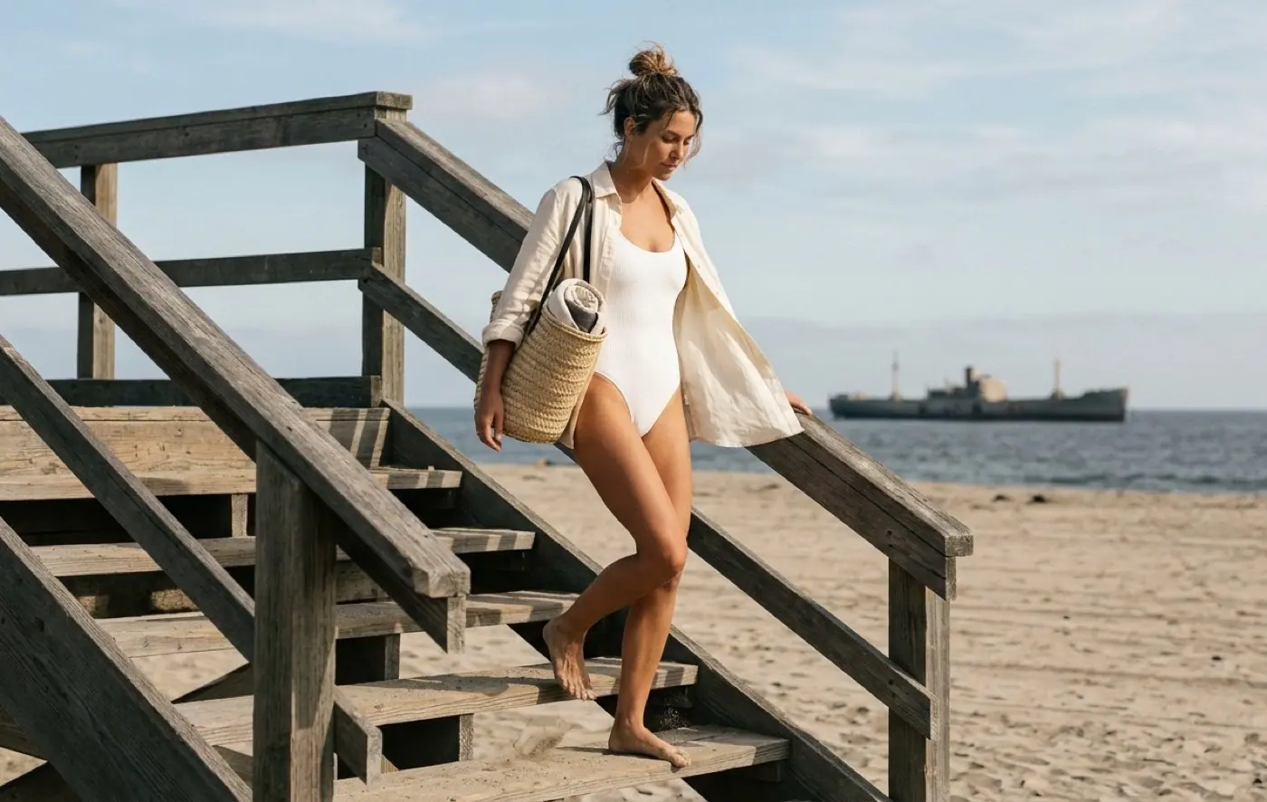 A woman in a white swimsuit and open shirt walks down the wooden stairs to Seacliff beach with her tote
