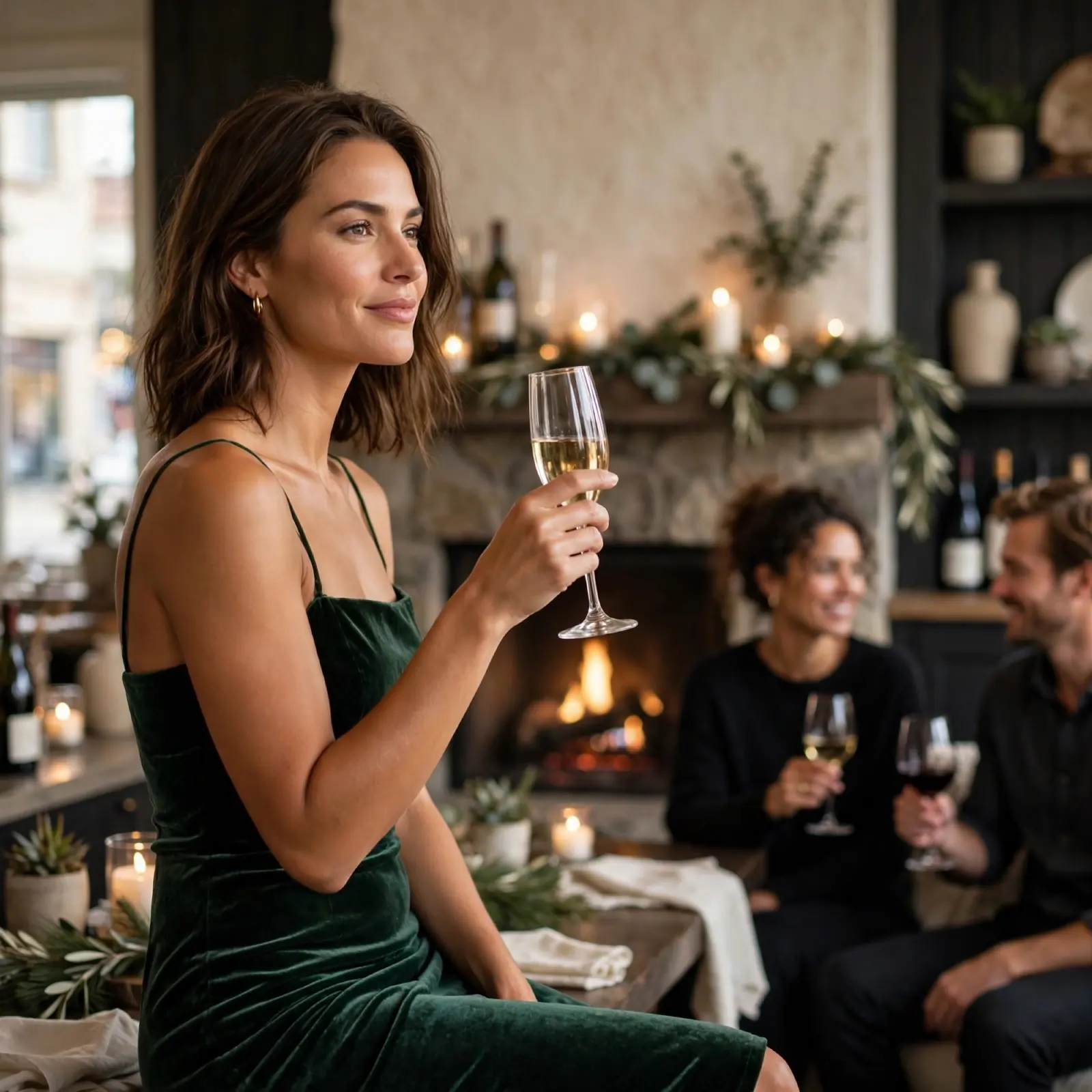 A woman in a green velvet slip dress raises a glass by the fire at a holiday party