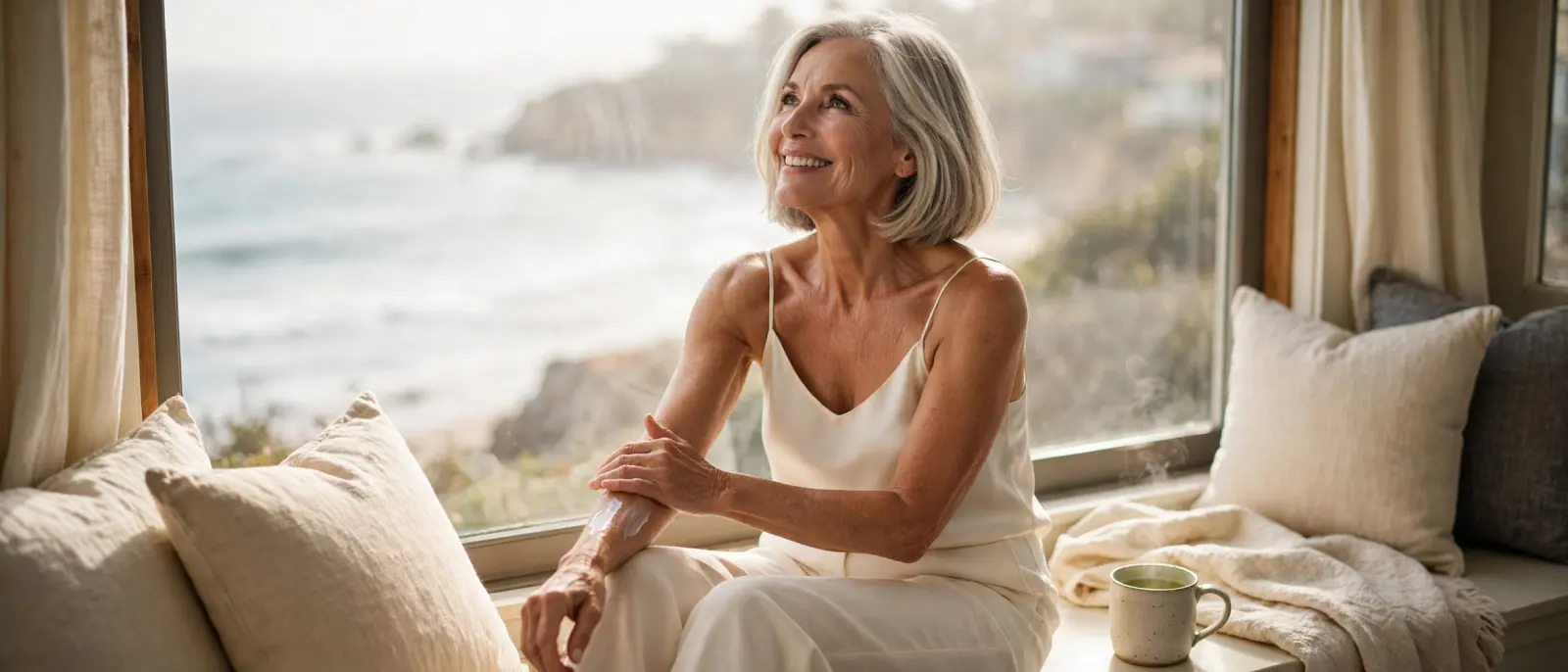 A woman with a silver-blonde bob in an ivory silk camisole smiles from a sunlit window seat above the sea, smoothing lotion along her arm