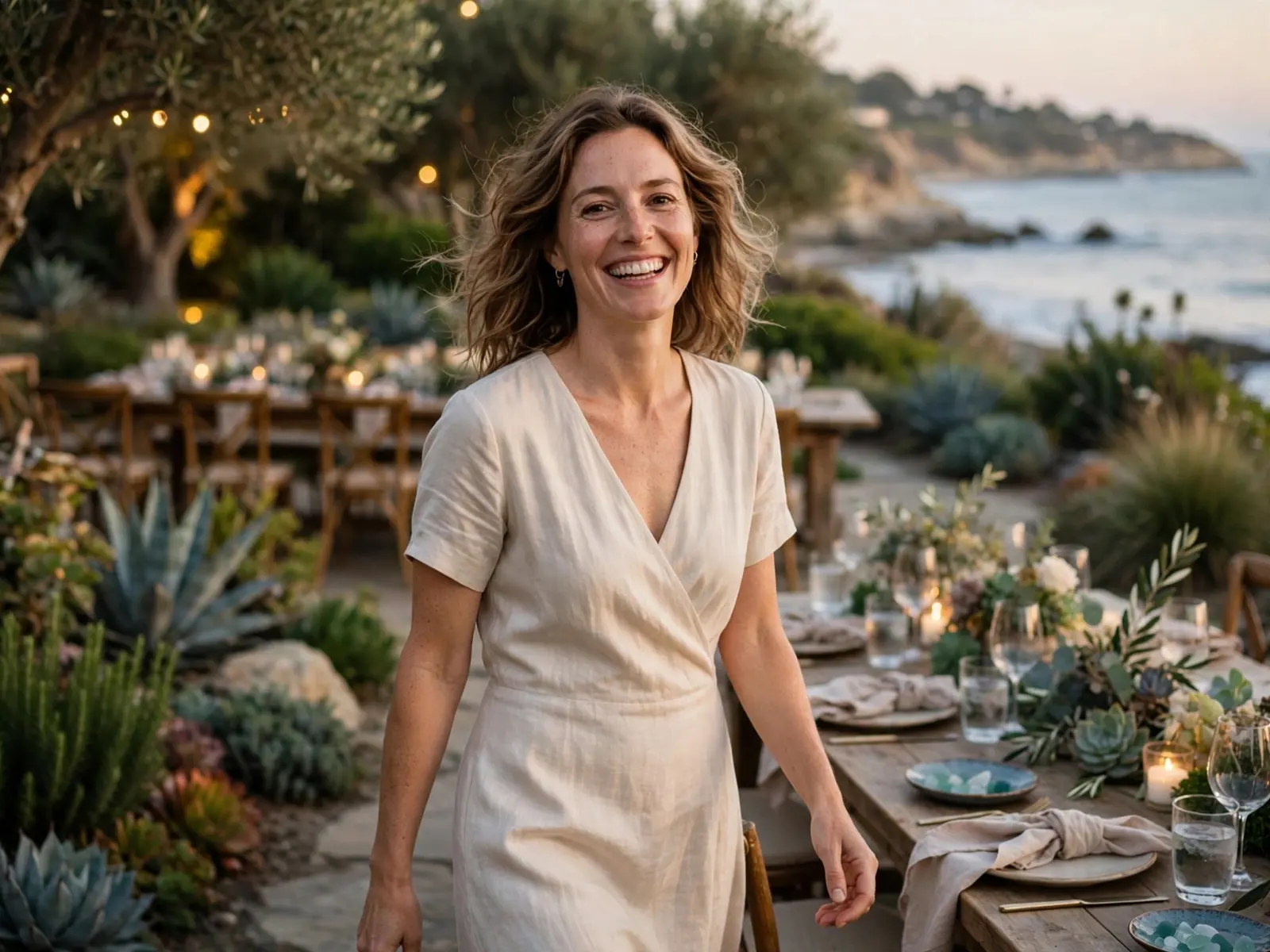 A smiling woman in a linen dress walks past a long table set for dinner in a seaside garden