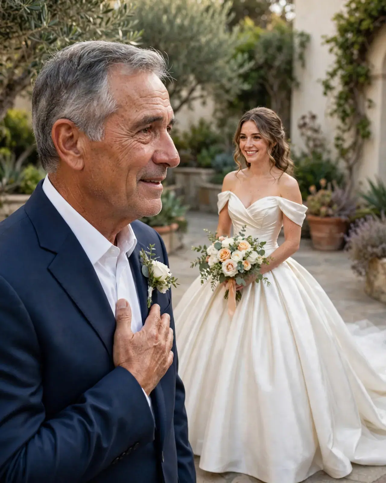 A father of the bride, hand on his heart, sees his daughter in her gown for the first time