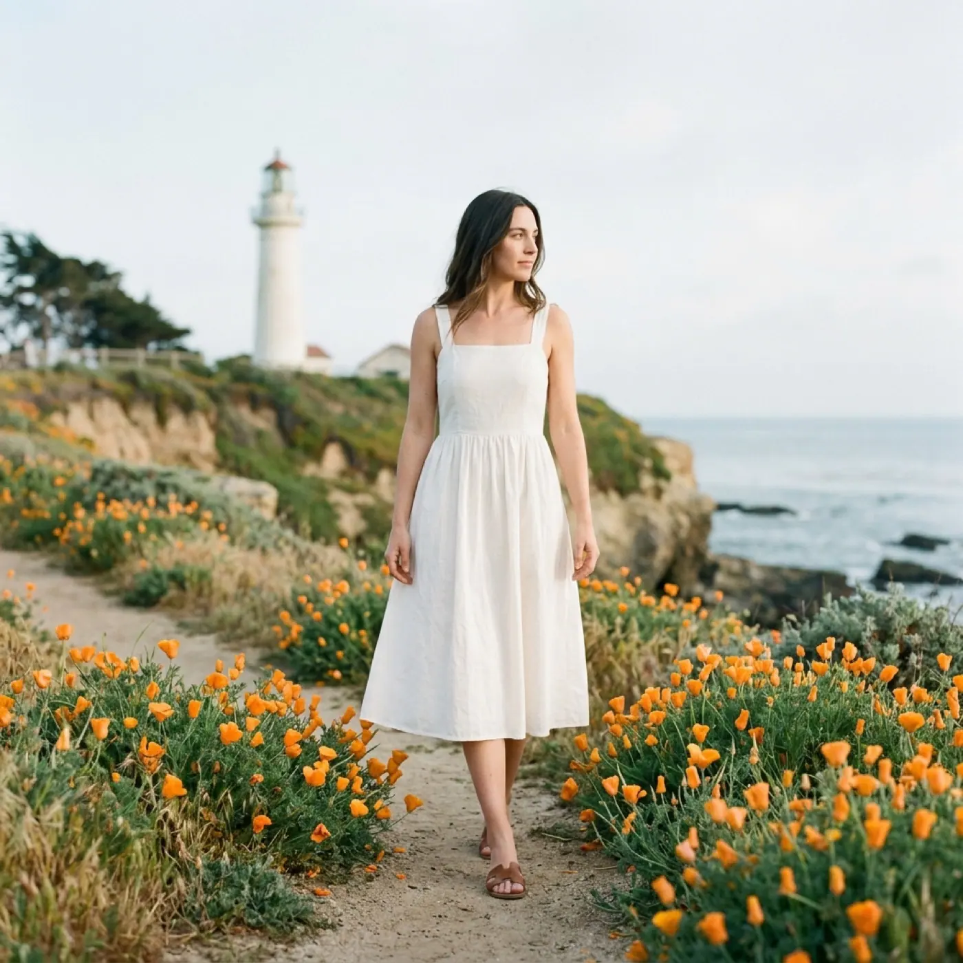 A woman in a white sundress walks a coastal path through golden poppies below a lighthouse