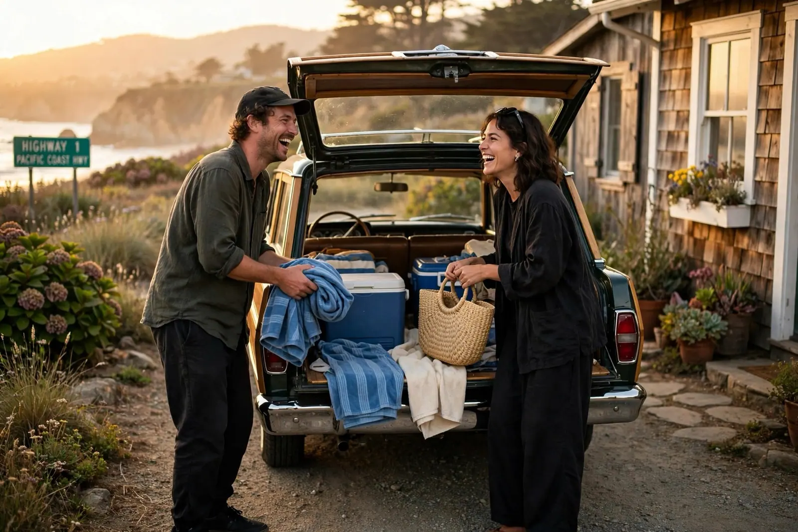 A man and woman laugh while loading a wagon for a coastal weekend, a Highway 1 sign behind them