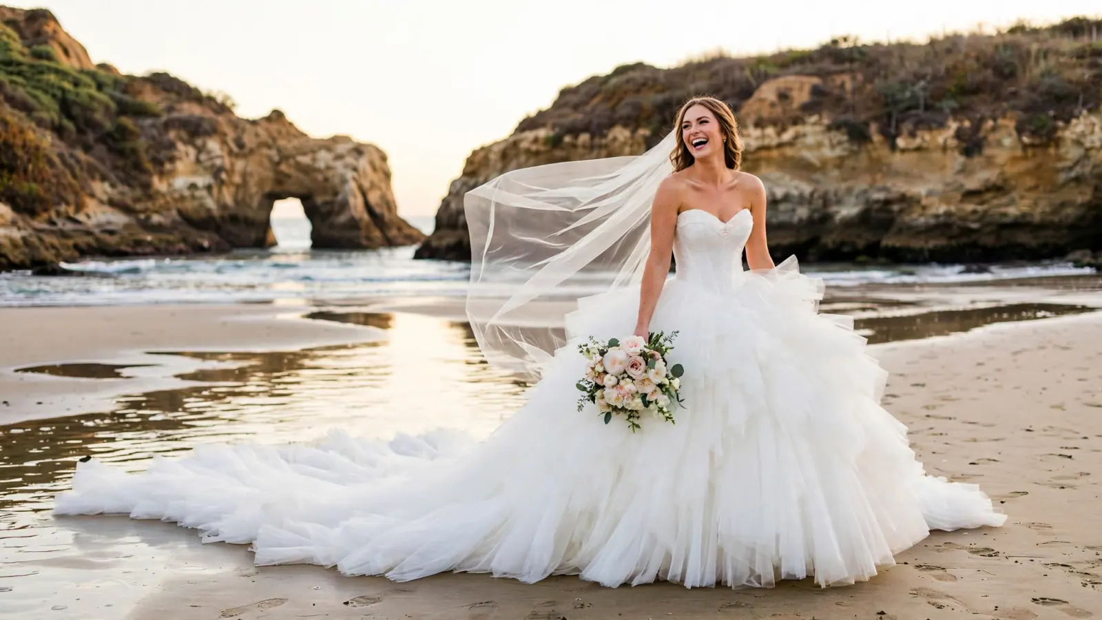 A laughing bride in a strapless ball gown and flowing veil stands on the beach at Natural Bridges, the rock arch behind her