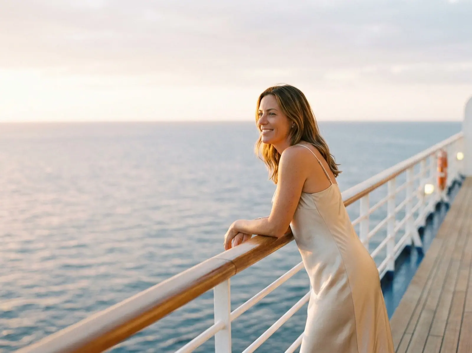 A smiling woman in a satin slip dress leans on the rail of a ship at golden hour