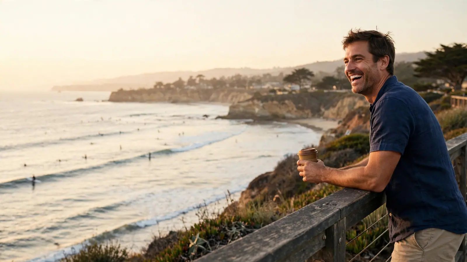 A man in a navy short-sleeve linen shirt laughs at the railing above Steamer Lane at golden hour, coffee in hand, surfers in the water below