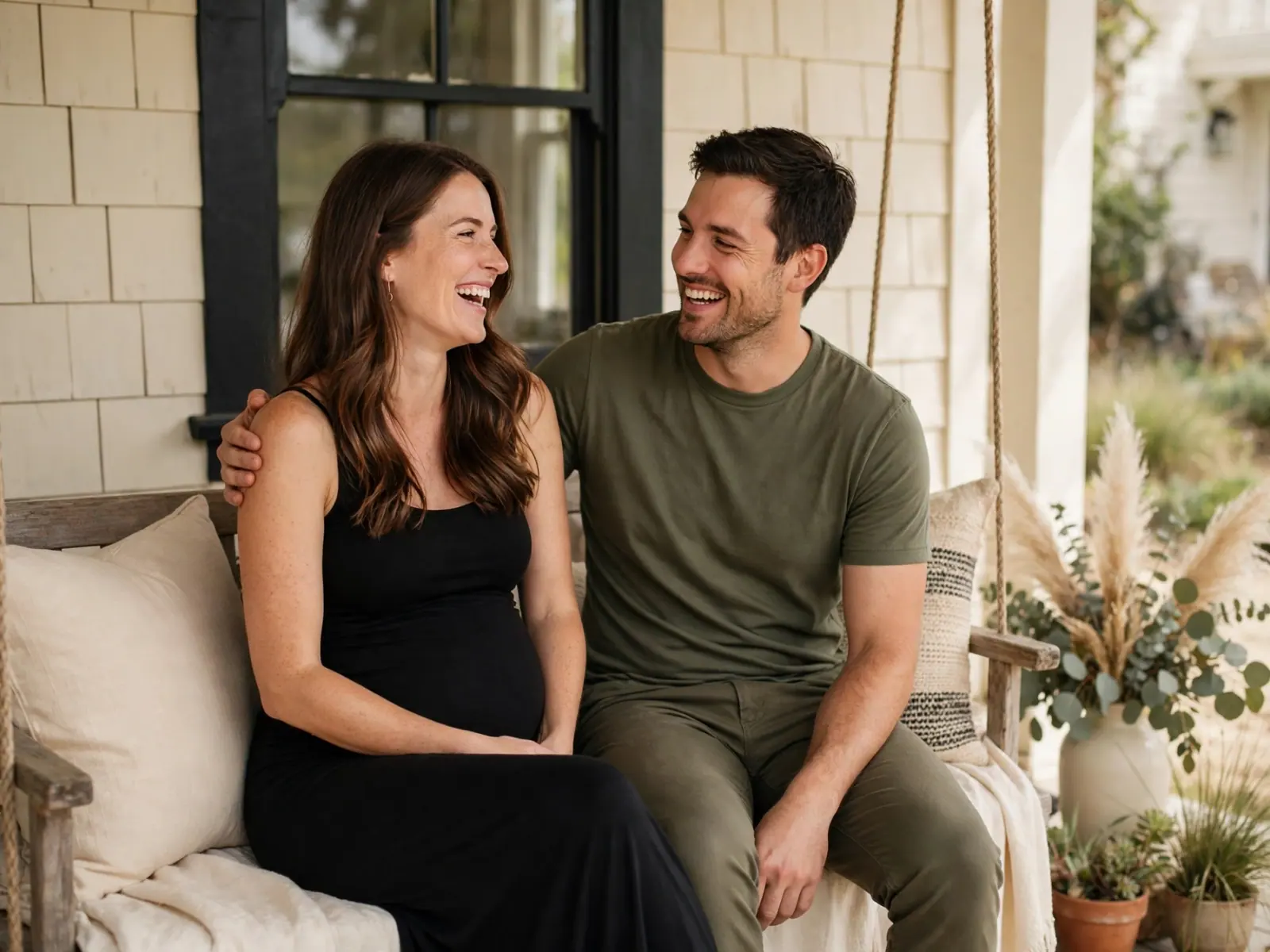 An expecting woman in a black maxi dress laughs with her partner on a porch swing