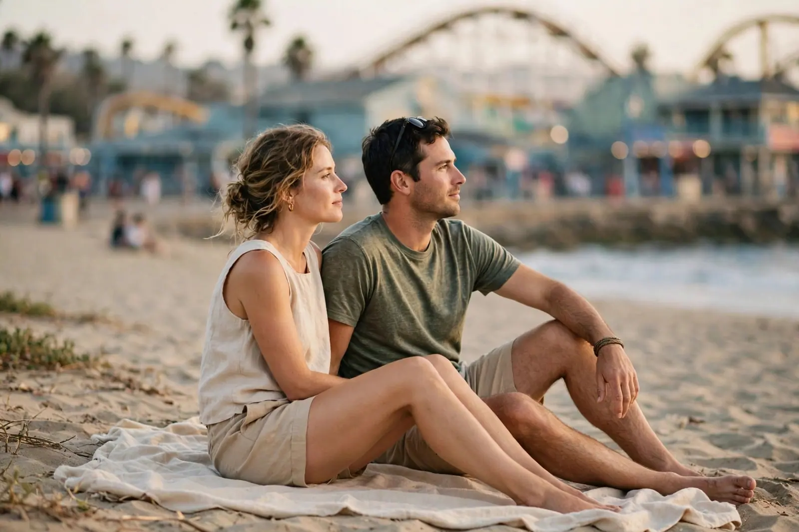 A couple relaxes on a beach blanket in front of the Santa Cruz Boardwalk