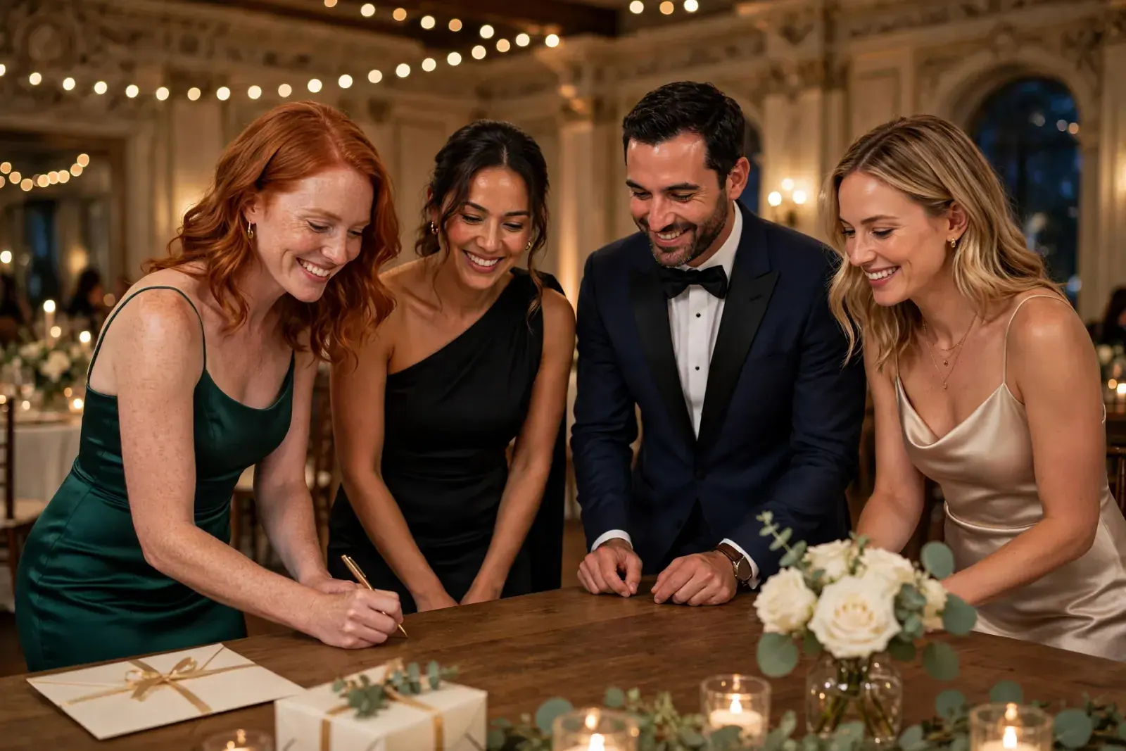 Guests in evening wear lean over a candlelit silent auction table as a redhead in emerald writes her bid