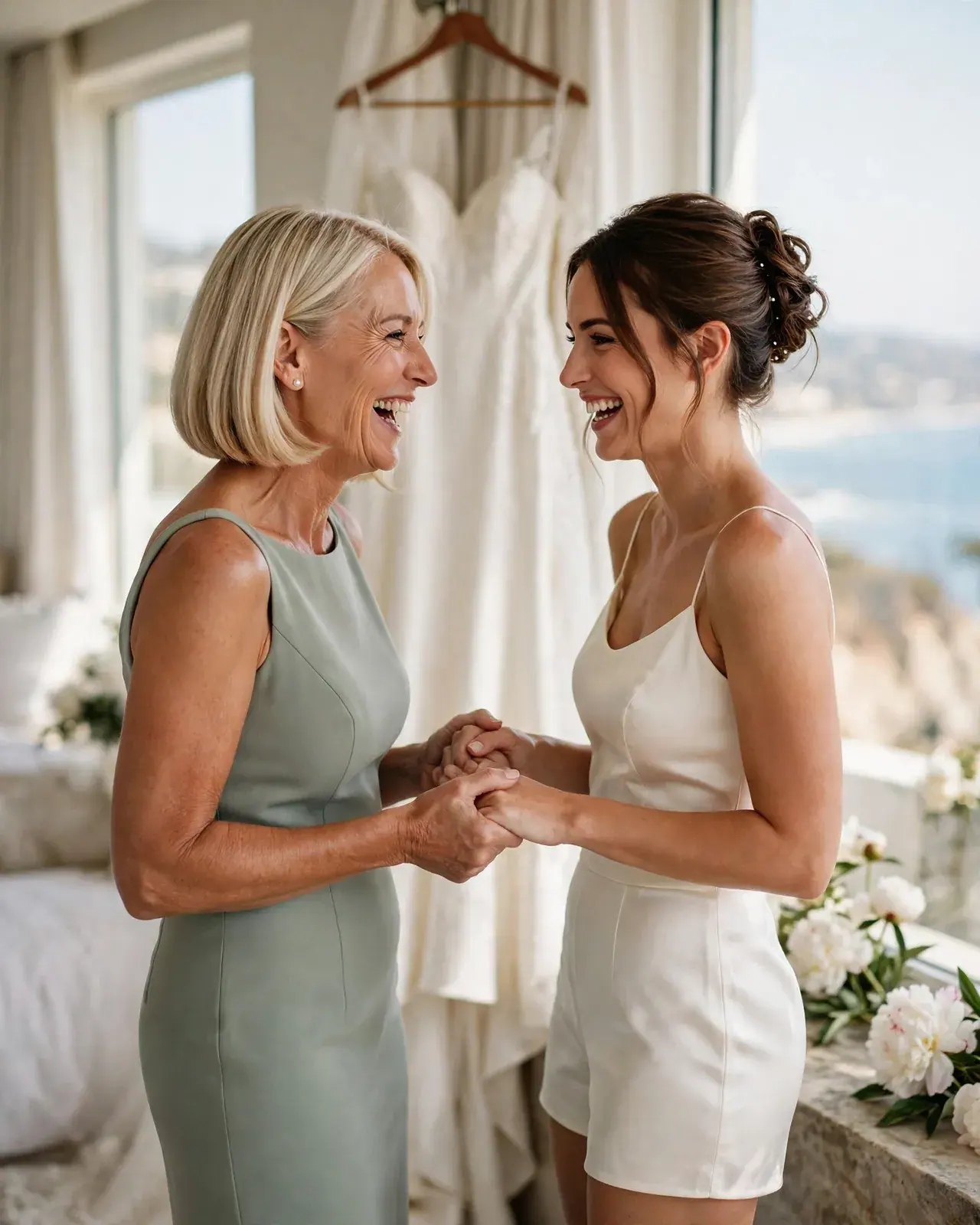The mother of the bride, in a sleeveless sage dress, laughs as she holds her daughter's hands on the wedding morning