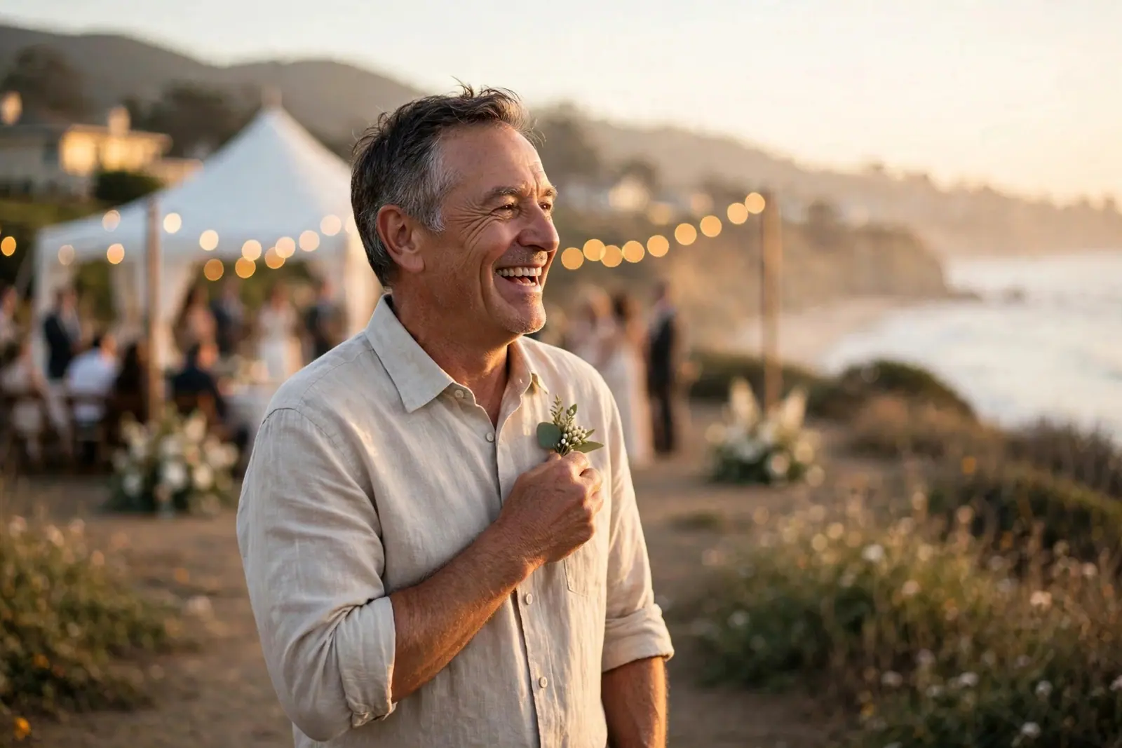 A gray-haired man in a white shirt at a seaside evening party