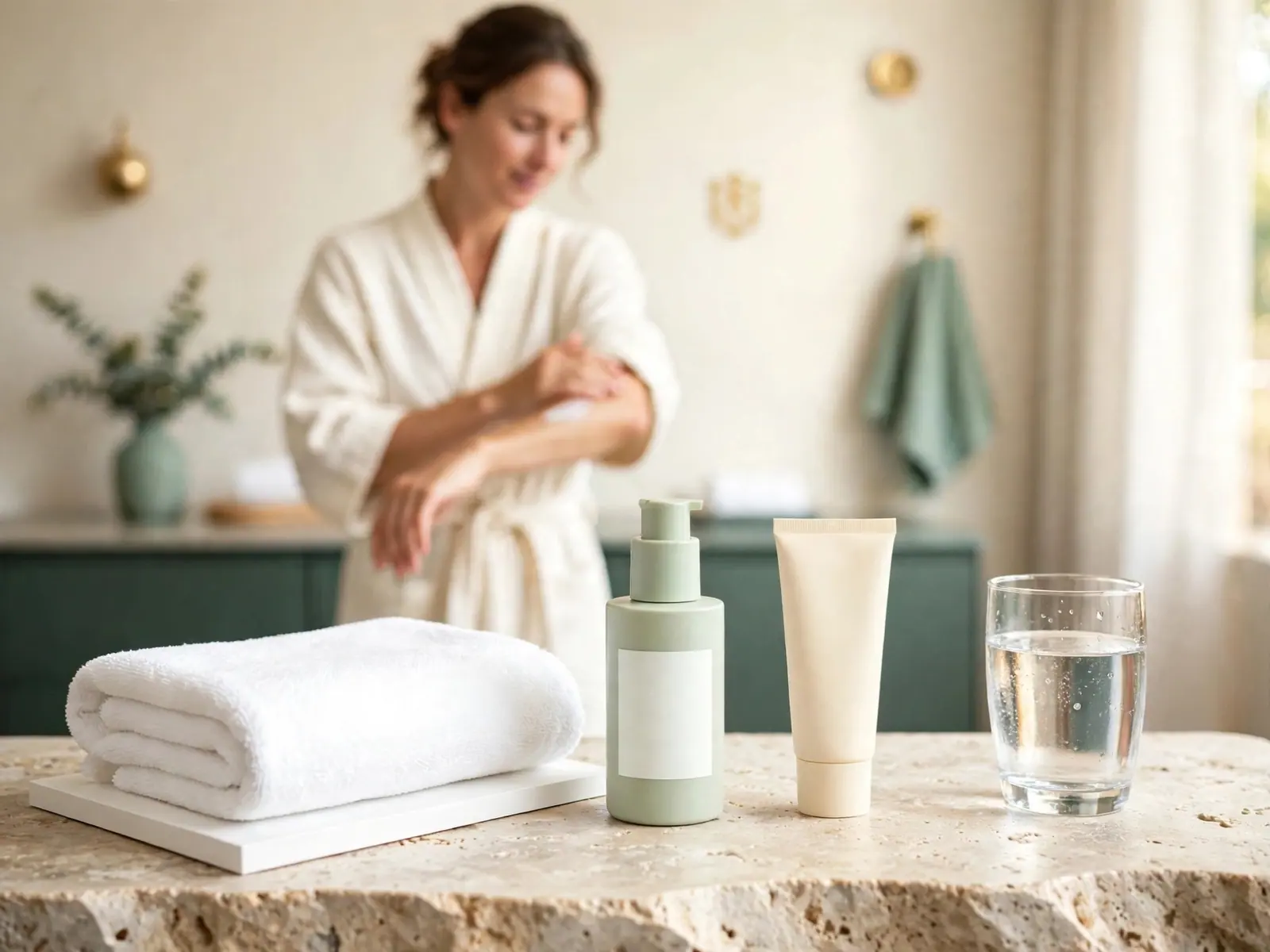 A woman in a white robe smooths lotion onto her arm beside folded towels and a glass of water