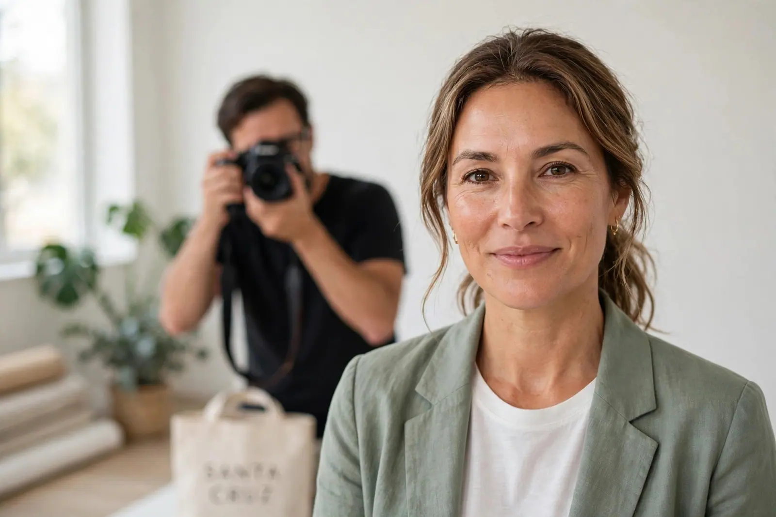 A smiling woman in a sage blazer sits for her portrait while a photographer works behind her