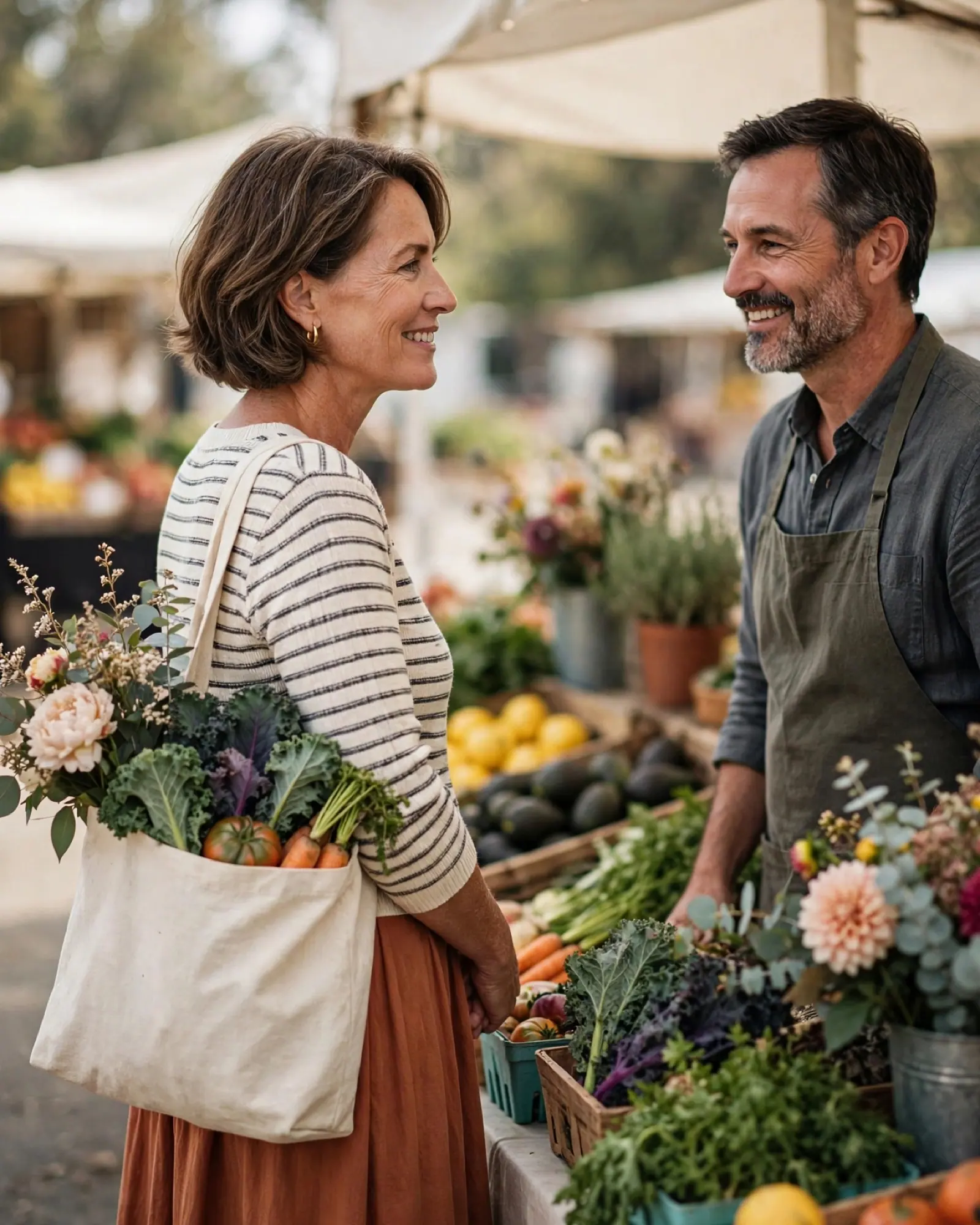 A woman chats with a grower at the Saturday farmers market, flowers and greens in her tote