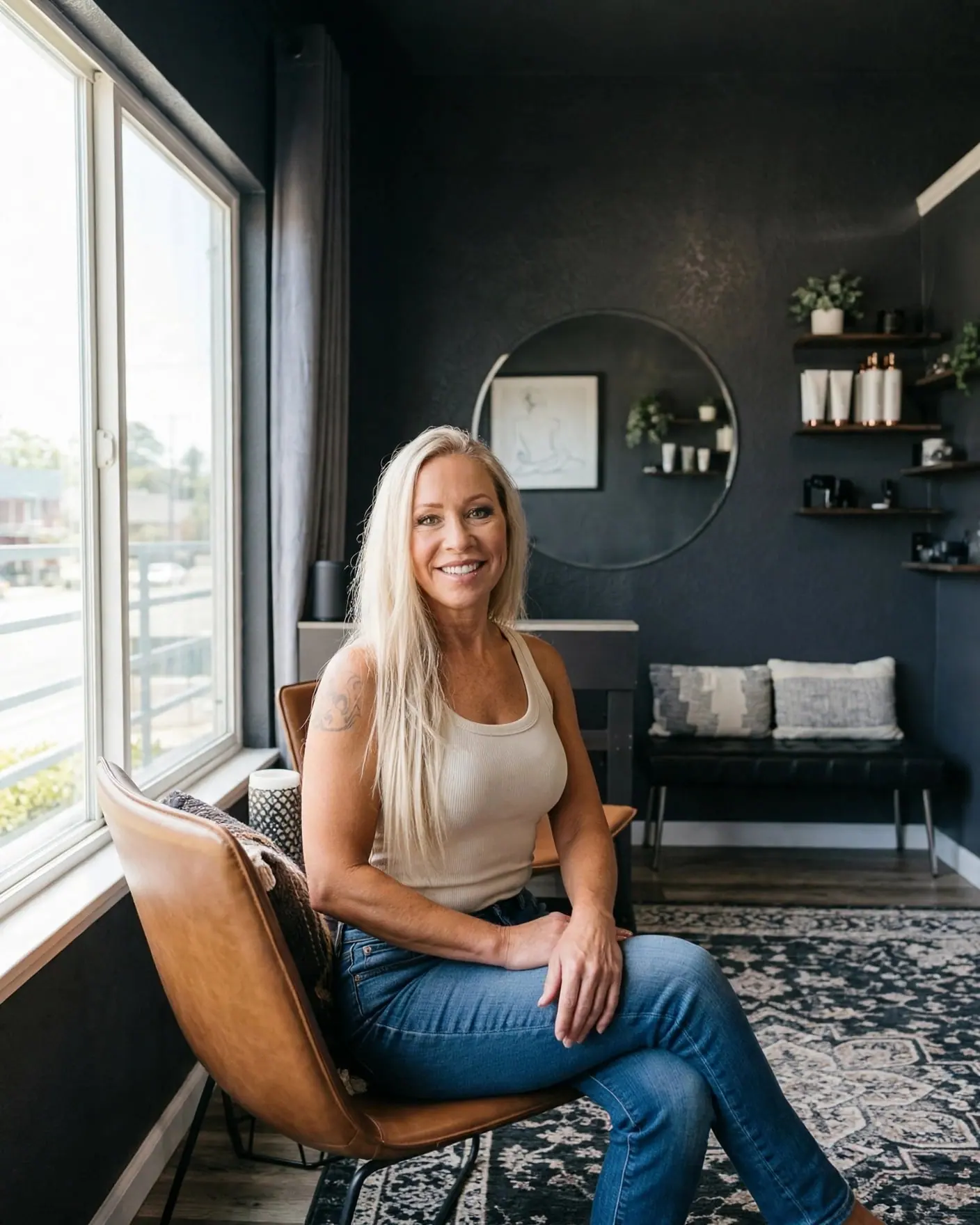 Jana sits relaxed by the window of her charcoal-walled studio, smiling