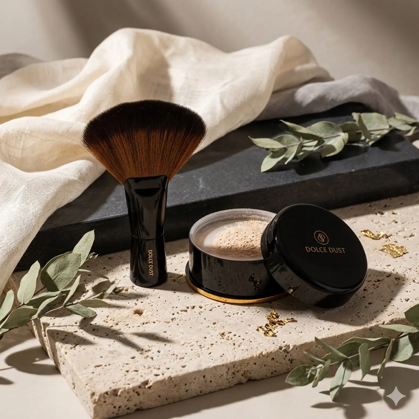 An open jar of Dolce Dust finishing powder beside a soft powder brush