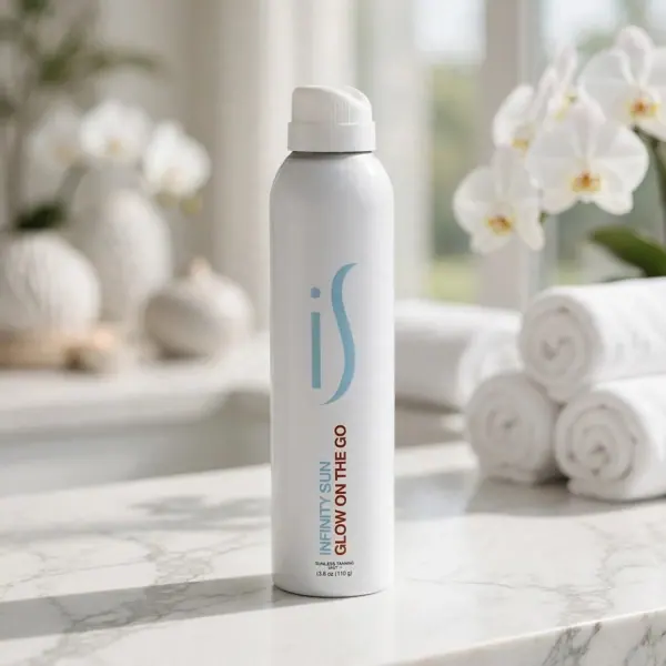 A can of Glow on the Go mist on a marble counter