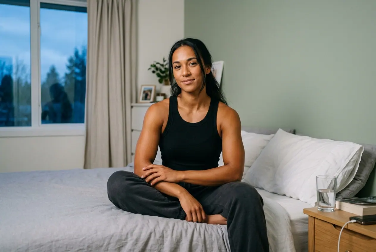 A physique competitor in a black tank sits cross-legged on a bed at dusk with a glass of water beside her, her arms and shoulders showing a deep, even tan