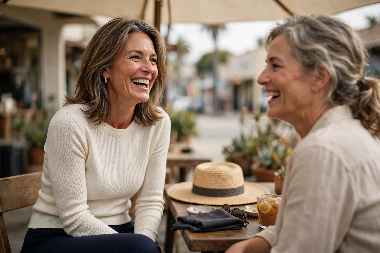 Two friends laugh together at an outdoor cafe table