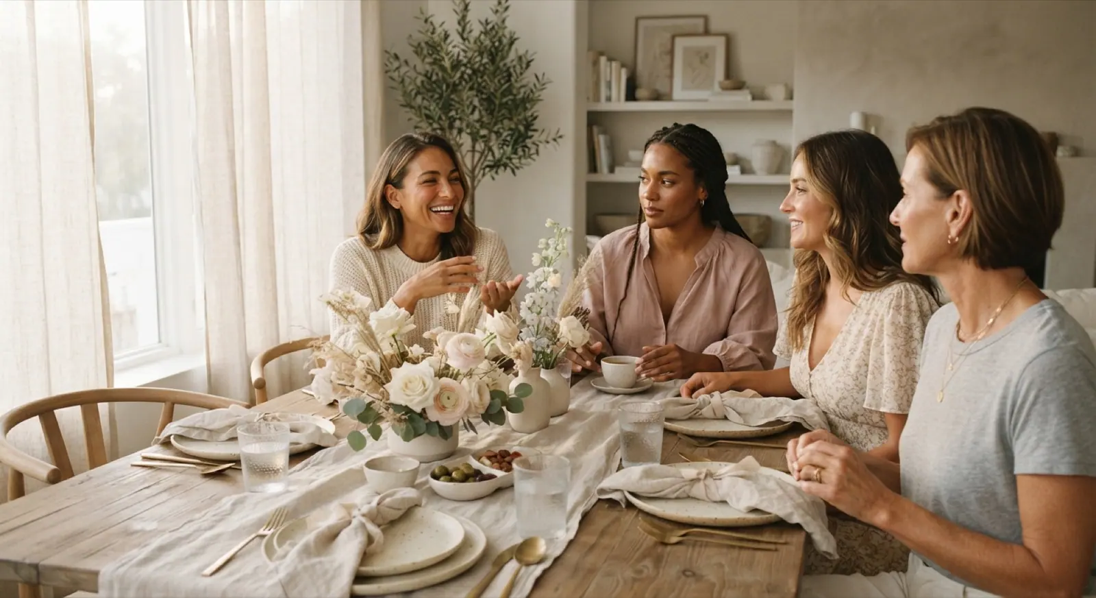 Four friends talk over brunch at a long table in a sunlit room