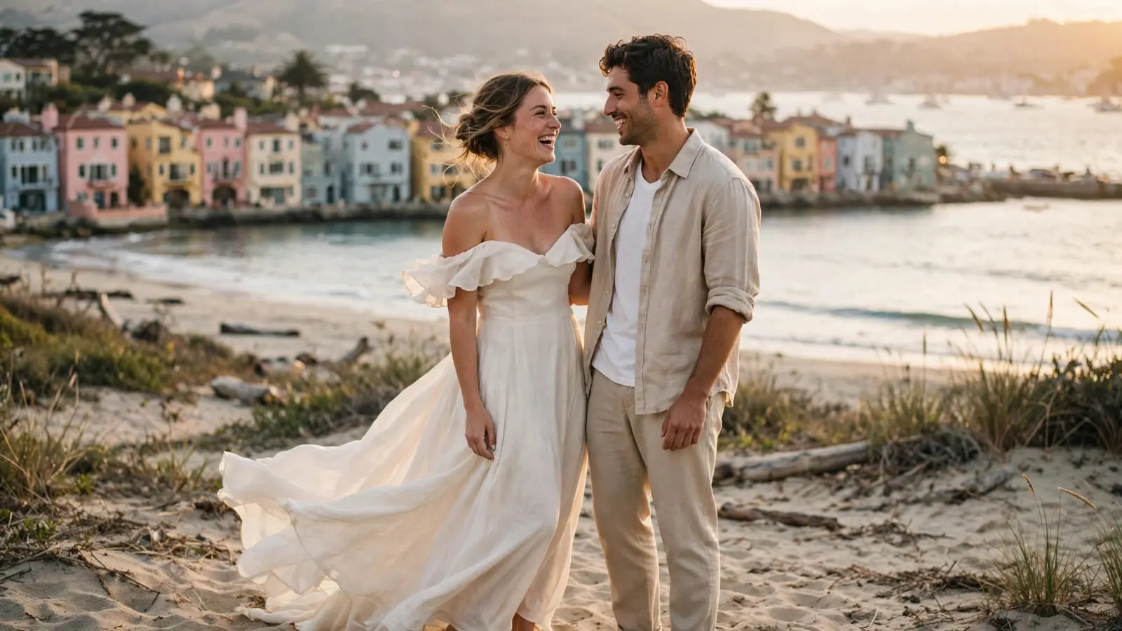 An engaged couple on the beach in front of the Capitola Venetian Court