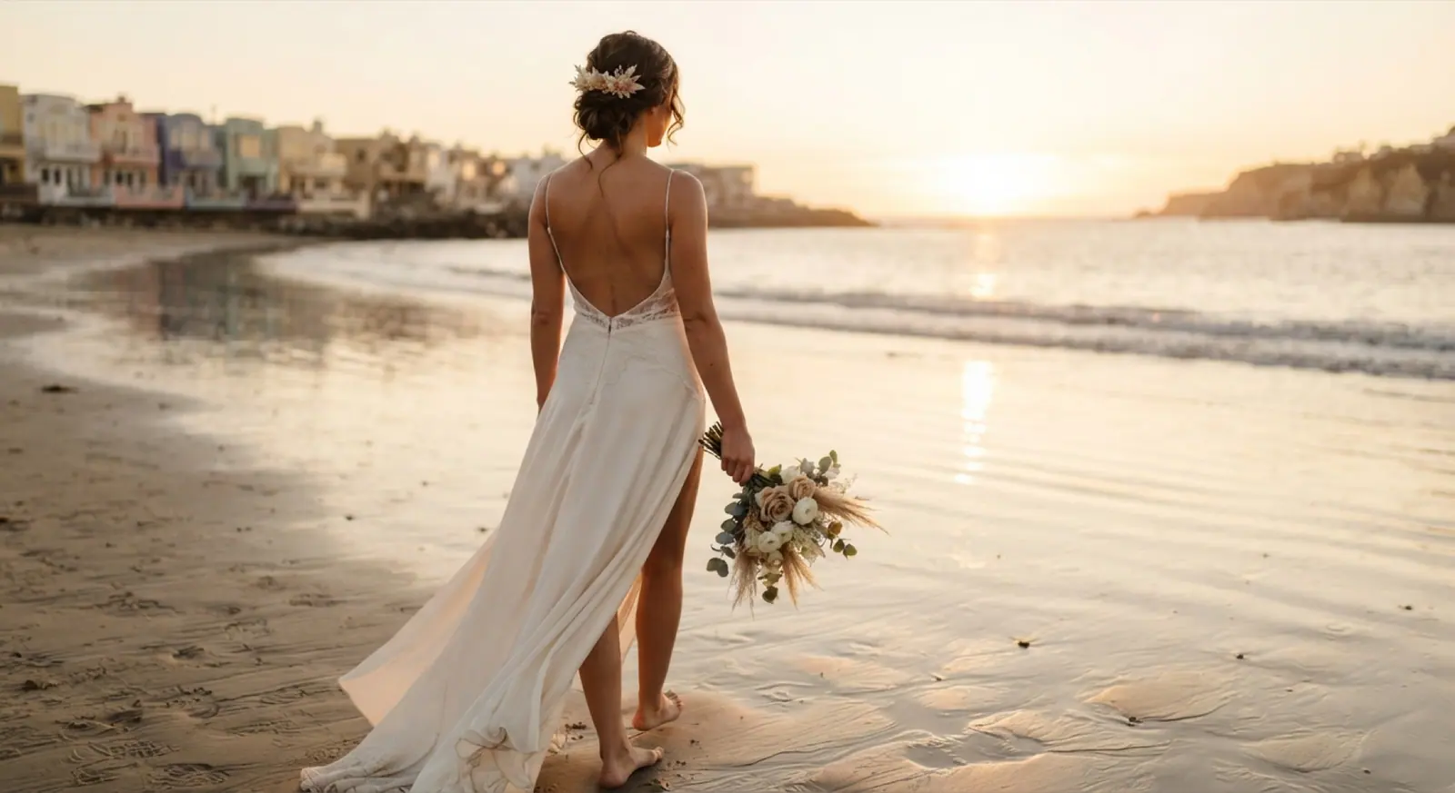 A bride in a backless gown walks along the shore at sunset