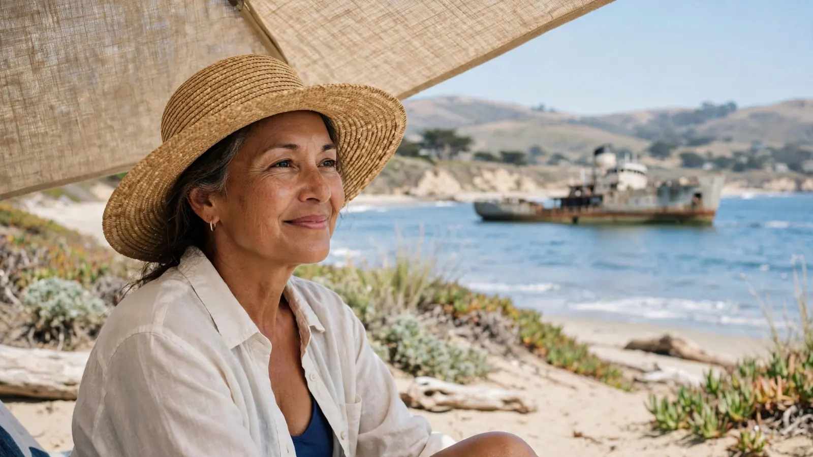 A smiling woman in a straw hat and white linen shirt sits on a sunny beach above a harbor