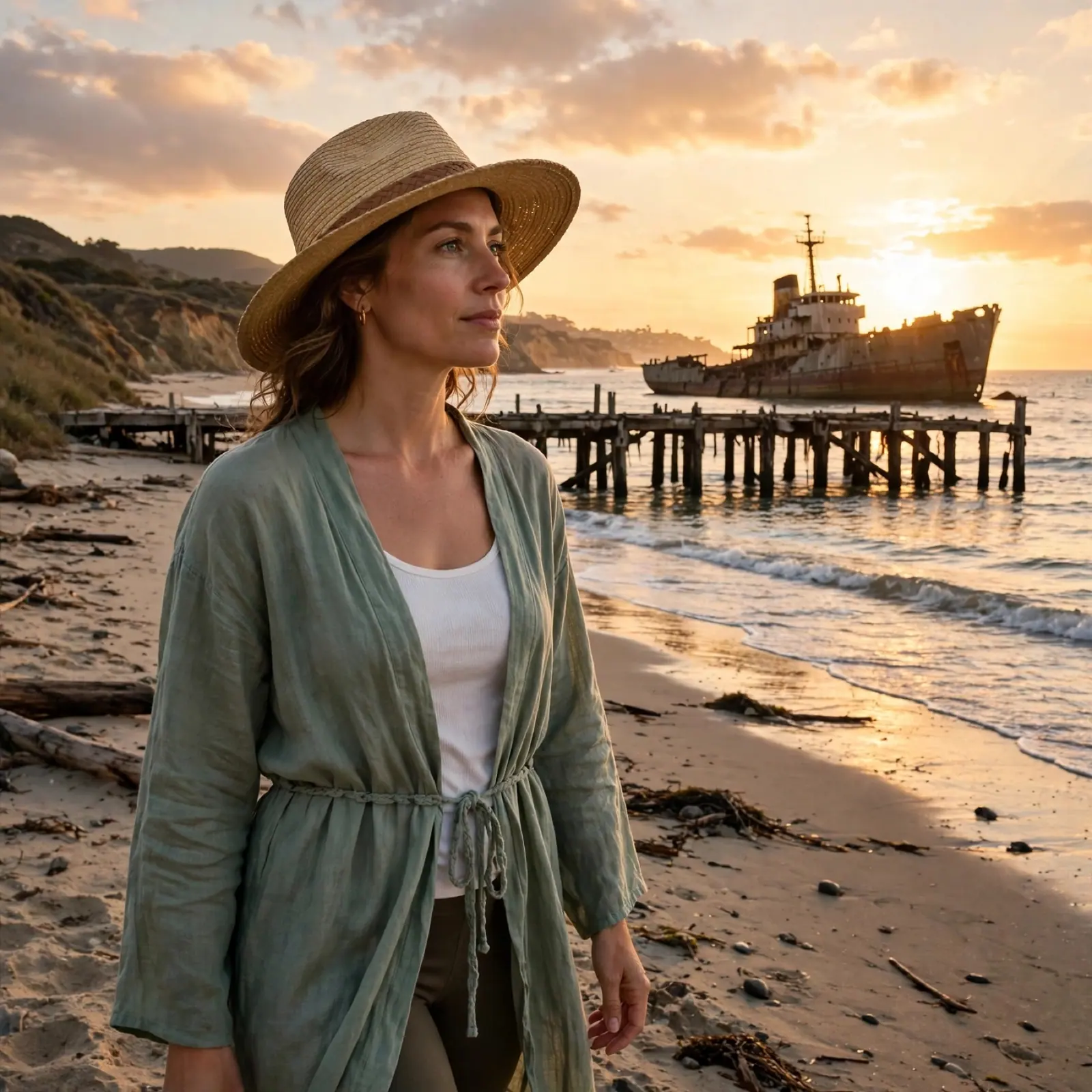 A woman in a straw hat and sage cardigan walks the beach at sunset beside an old pier