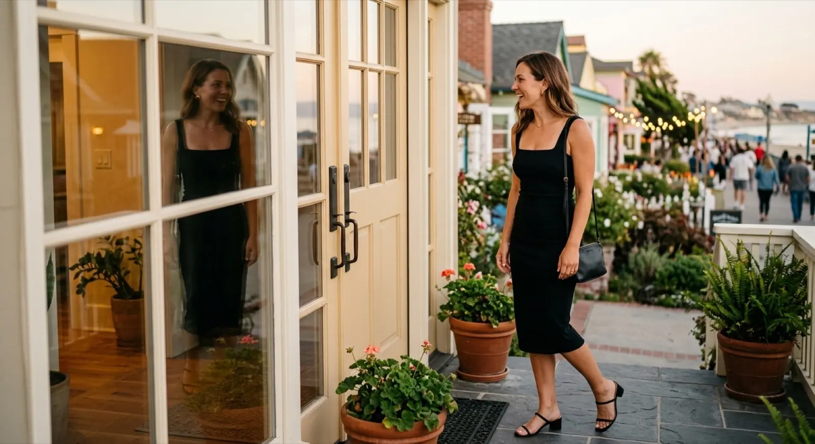 A woman in a black slip dress steps out of a seaside cottage onto a street lined with flowers