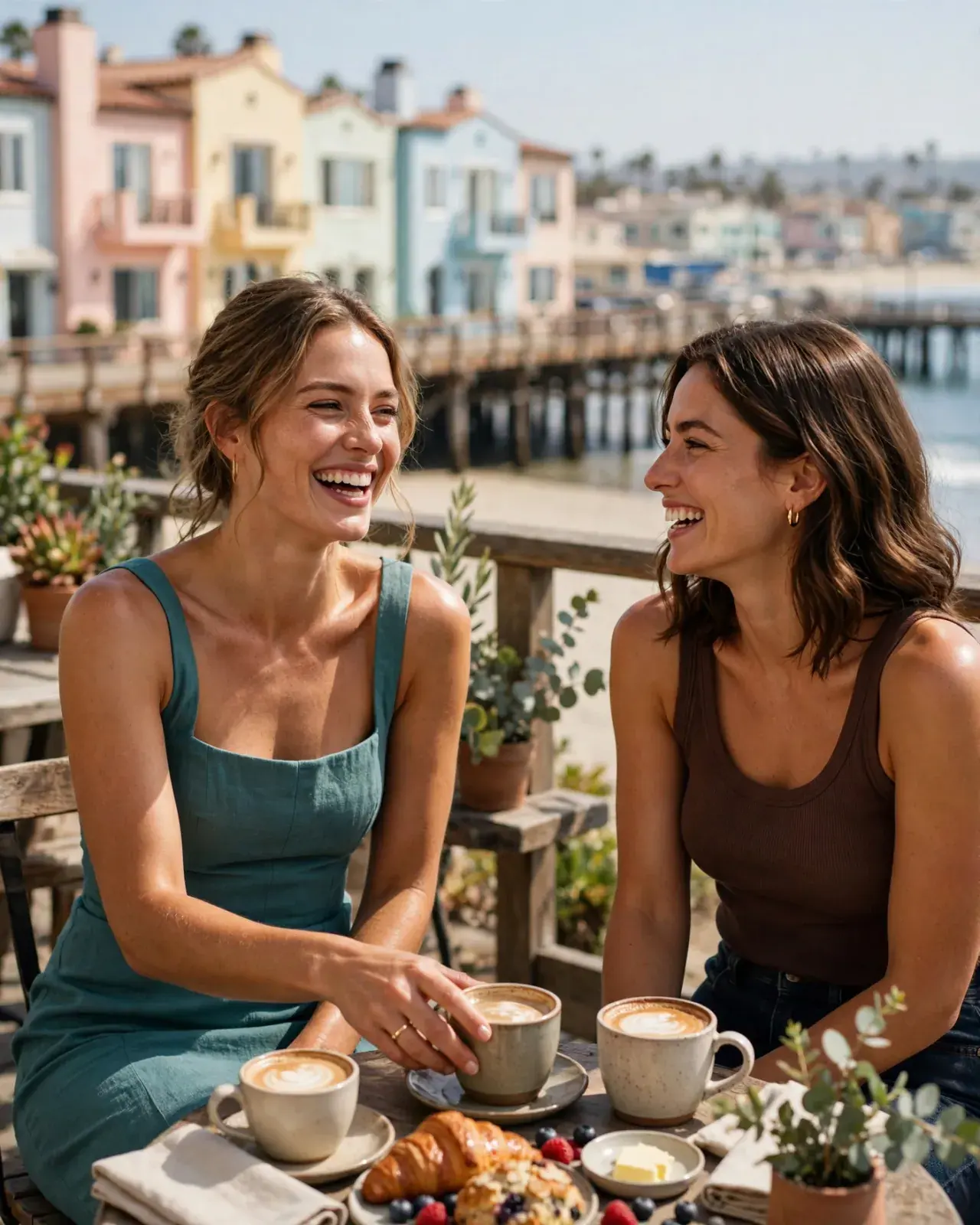The morning after the wedding, the bride laughs with her sister over coffee on a Capitola deck