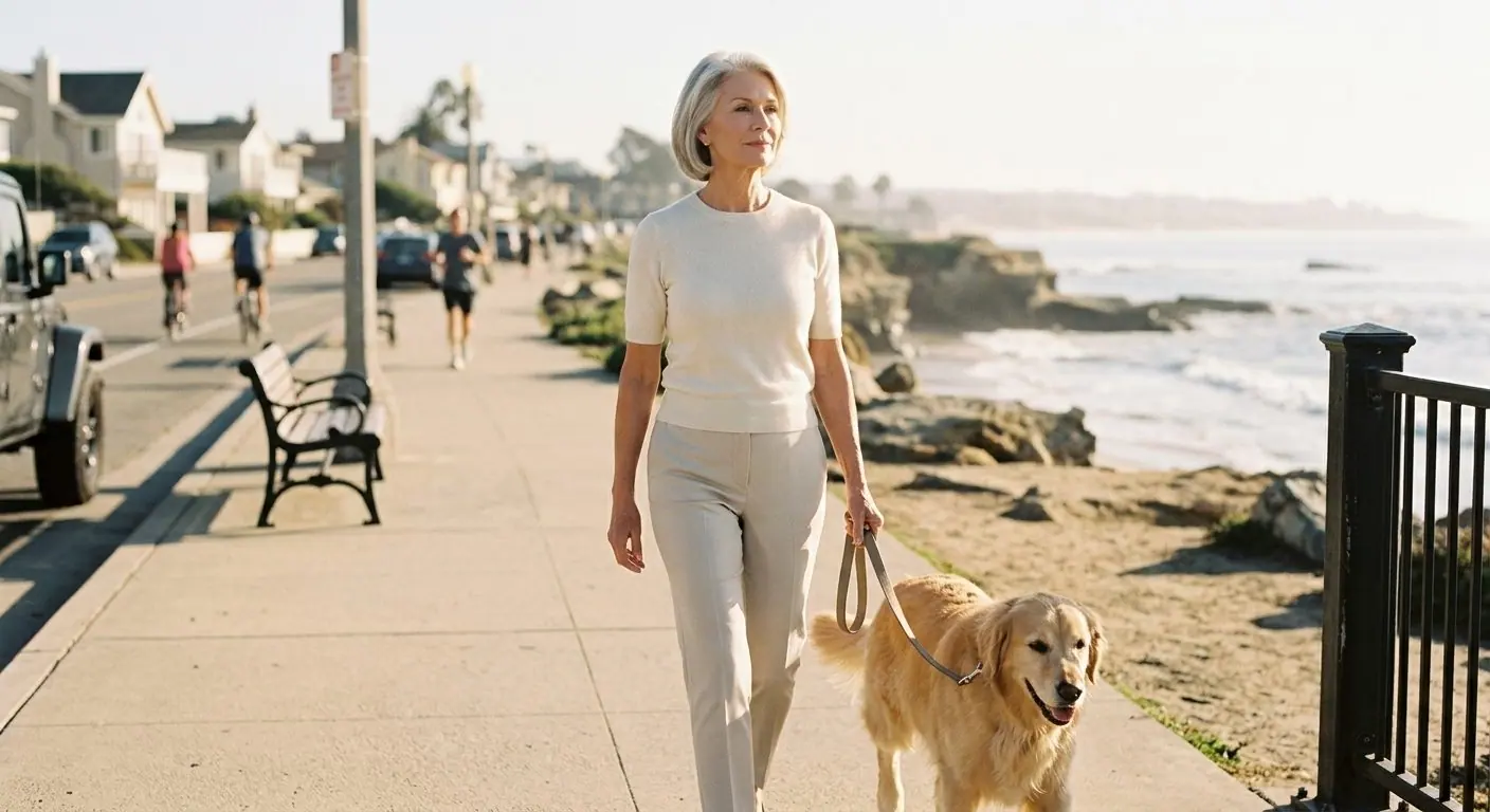 A woman in a cream sweater walks her golden retriever along East Cliff Drive