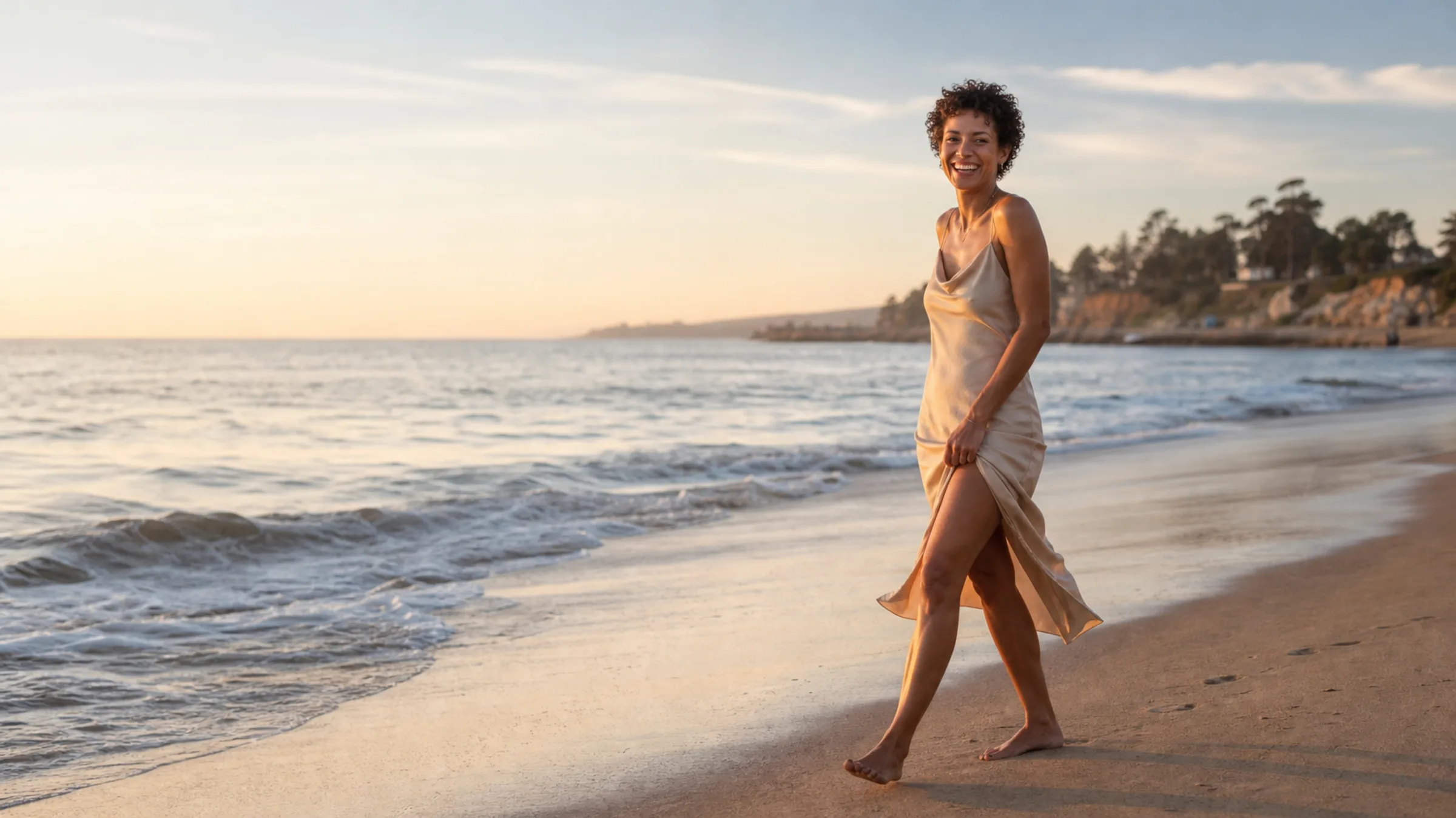 A woman with short curly hair smiles as she walks the shoreline at sunset in a champagne slip dress