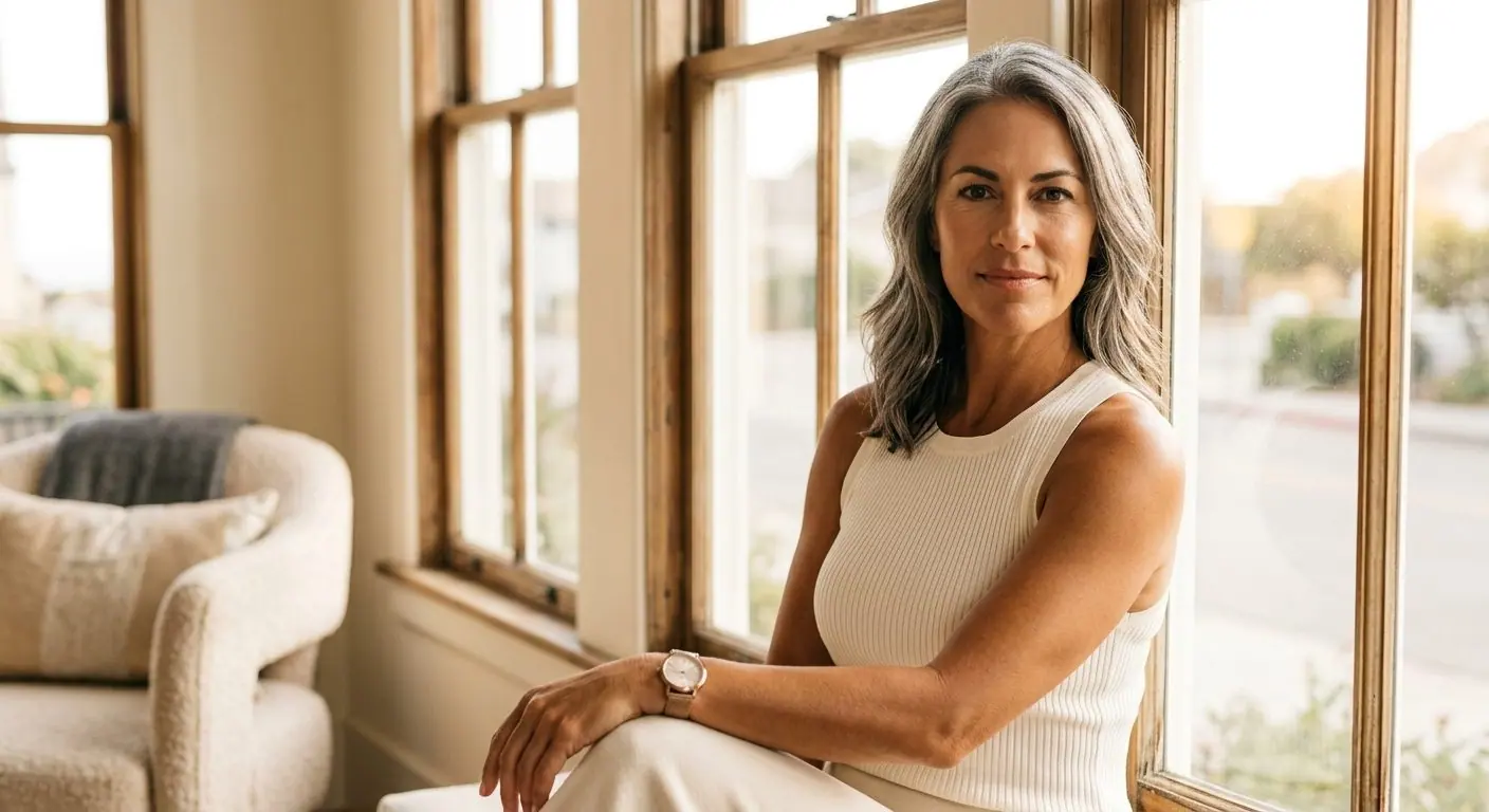 A silver-haired woman in a sleeveless ivory dress sits by a sunlit window, her skin even and calm
