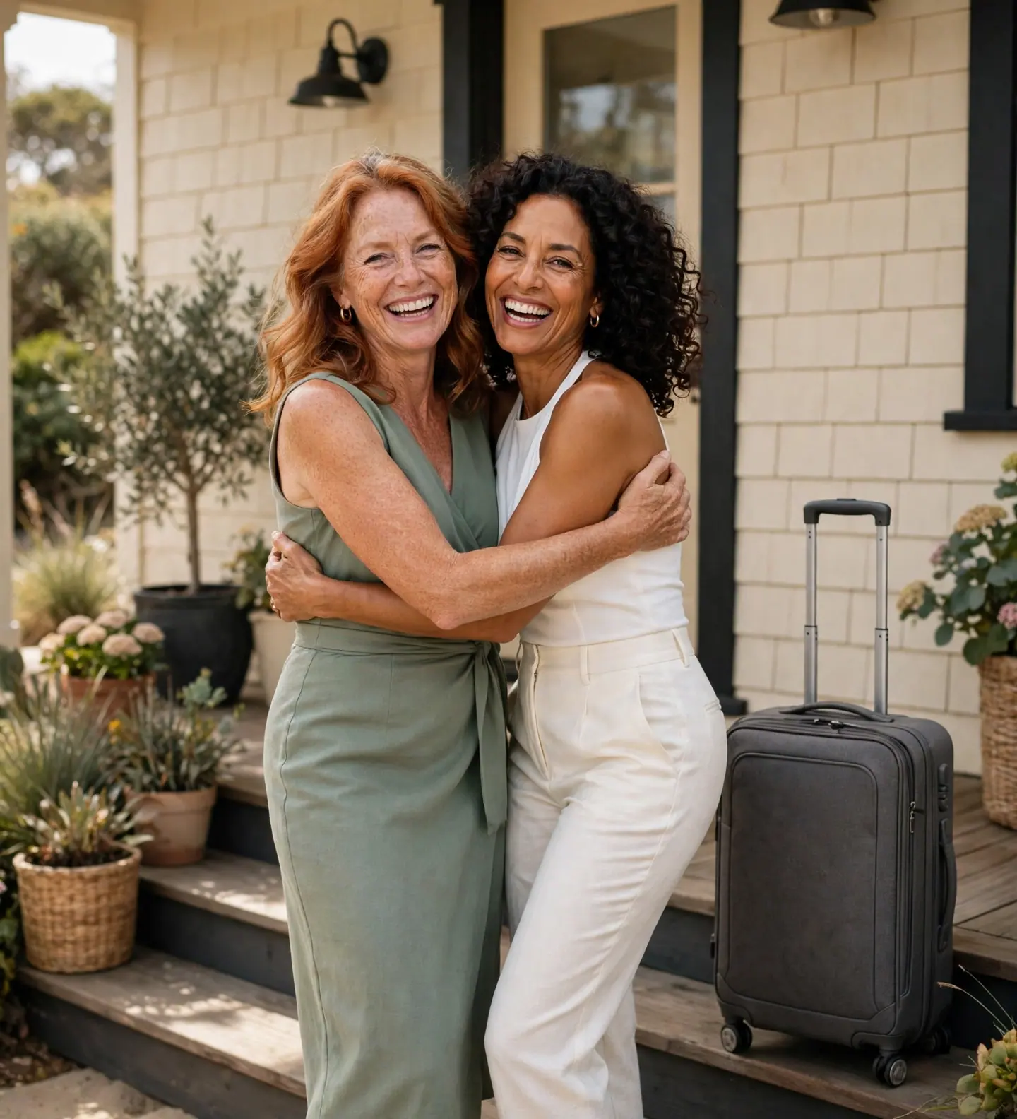 Two old friends hug and laugh on the steps of a beach cottage, a suitcase beside them