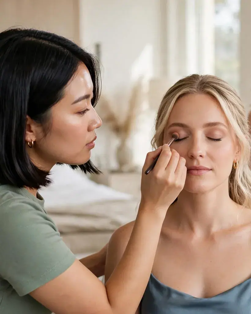 A makeup artist sweeps shadow across a blonde bridesmaid's closed eyes on the wedding morning
