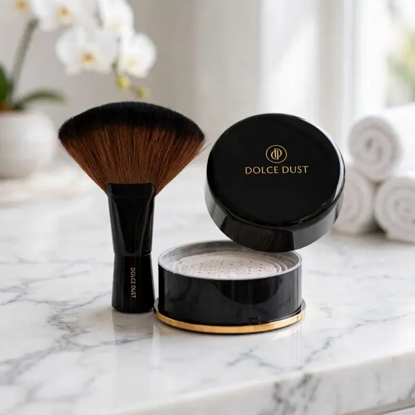 A jar of Dolce Dust finishing powder beside its fan brush on marble