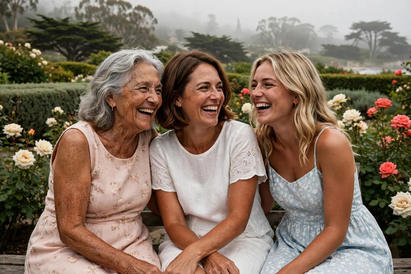 Three generations of women laugh together on a garden bench among roses on a misty coastal morning