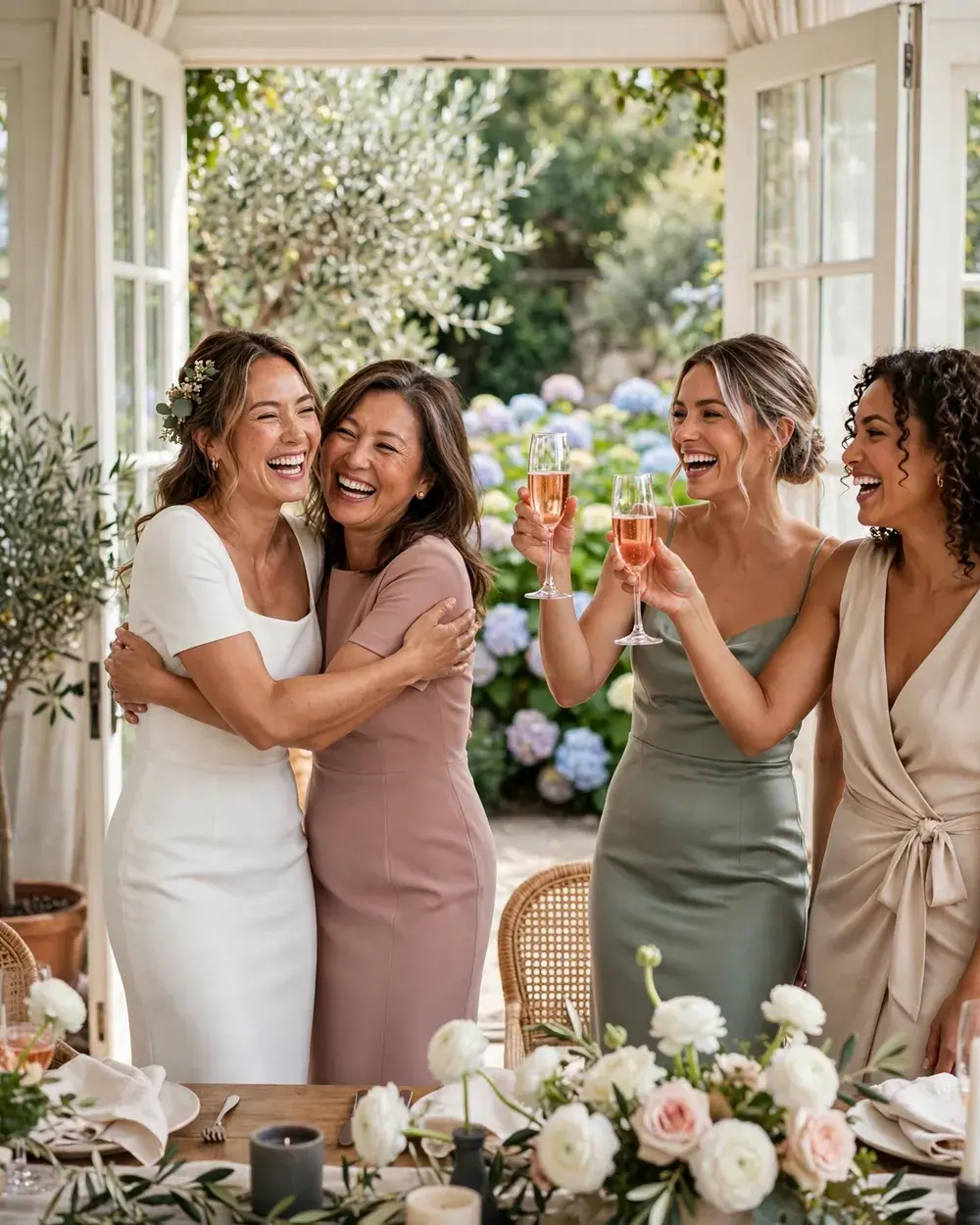 A bride hugs her mother at a bridal shower in a garden room while two bridesmaids toast