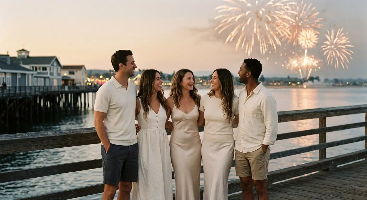 Friends in white watch fireworks over the bay from the Santa Cruz Wharf