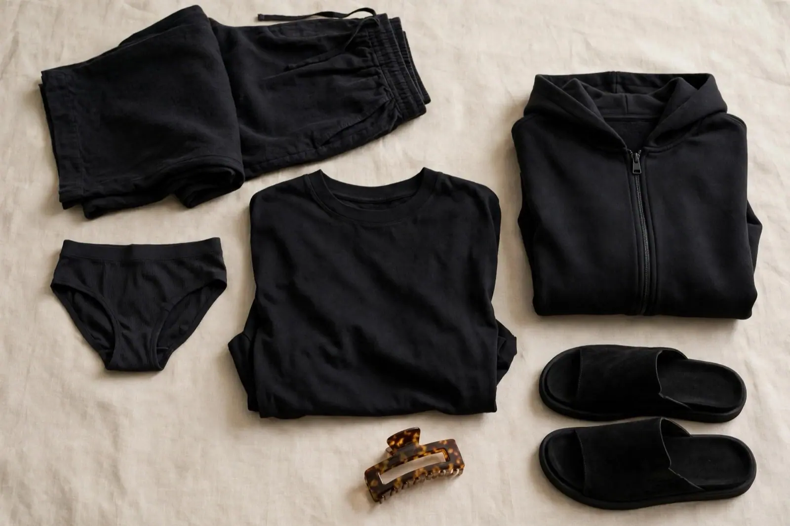 Folded black pants, a tee and a hoodie, slides and a hair claw laid out on cream linen