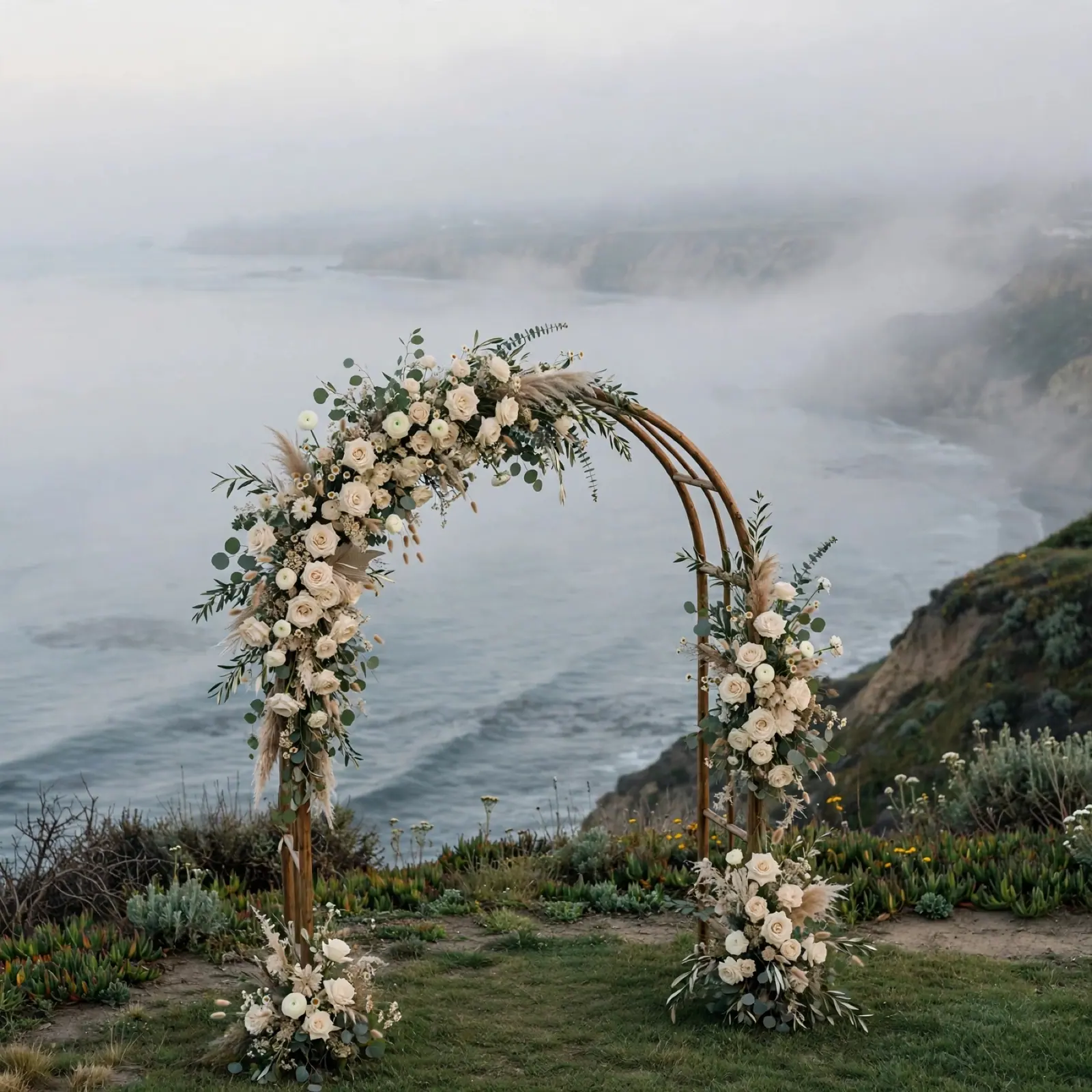 A floral wedding arch on a misty clifftop above the sea