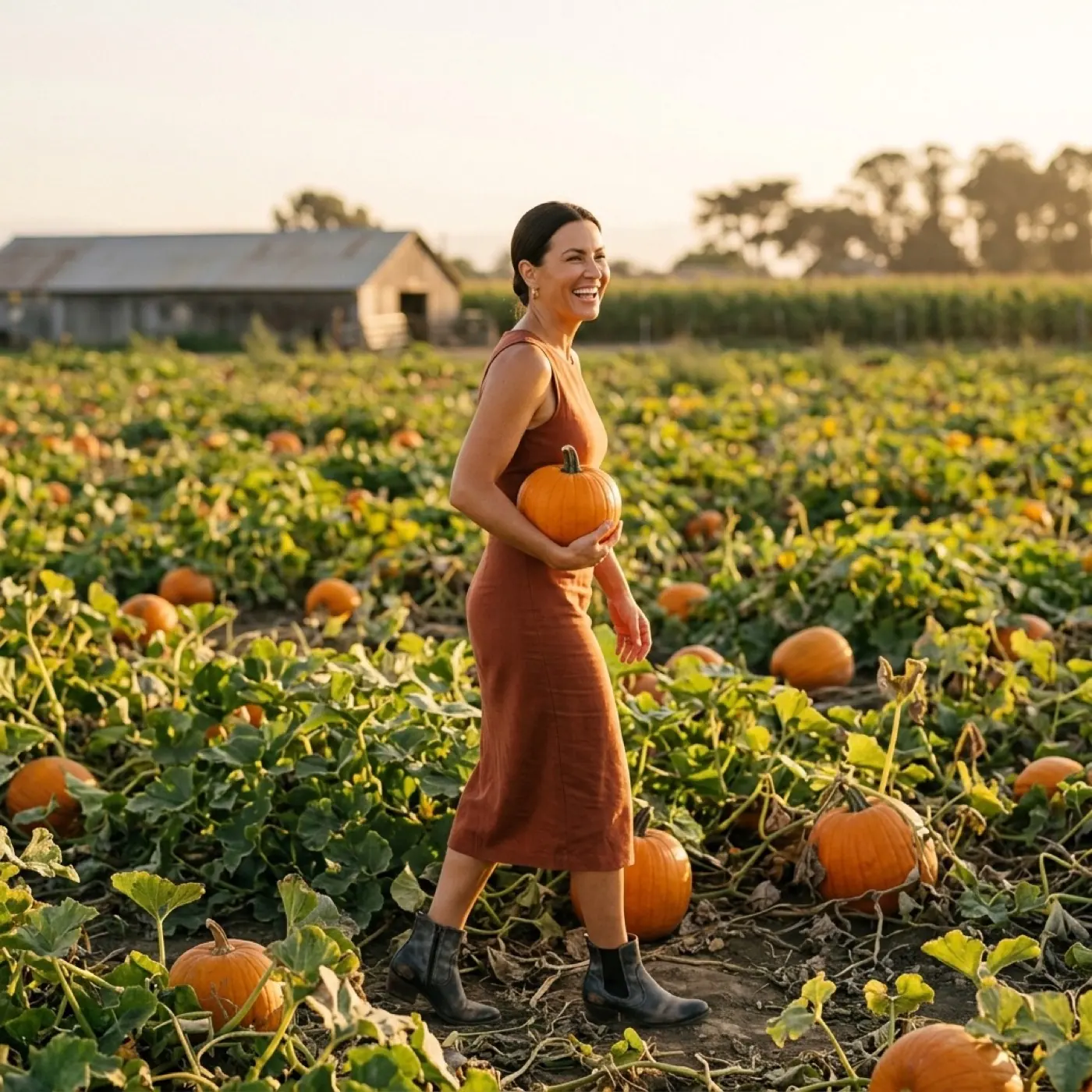 A woman in a rust slip dress carries a pumpkin through a coastal pumpkin patch at golden hour