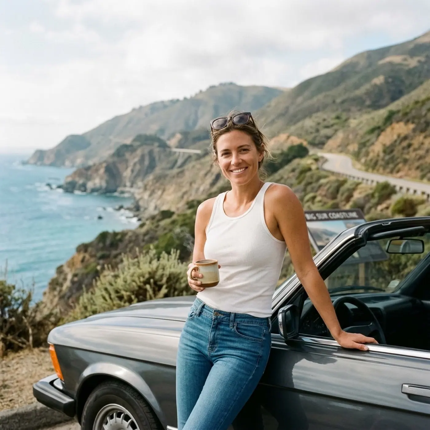 A smiling woman in a white tank leans on a vintage convertible above the Big Sur coast